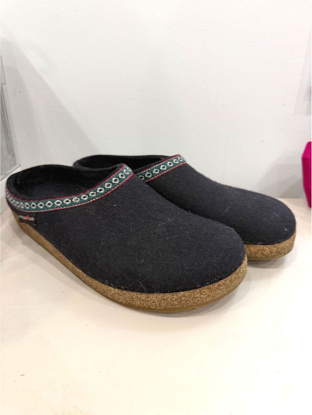 Haflinger Black Wool Slip-On Clog Slippers with Cork Sole 44 Size 11